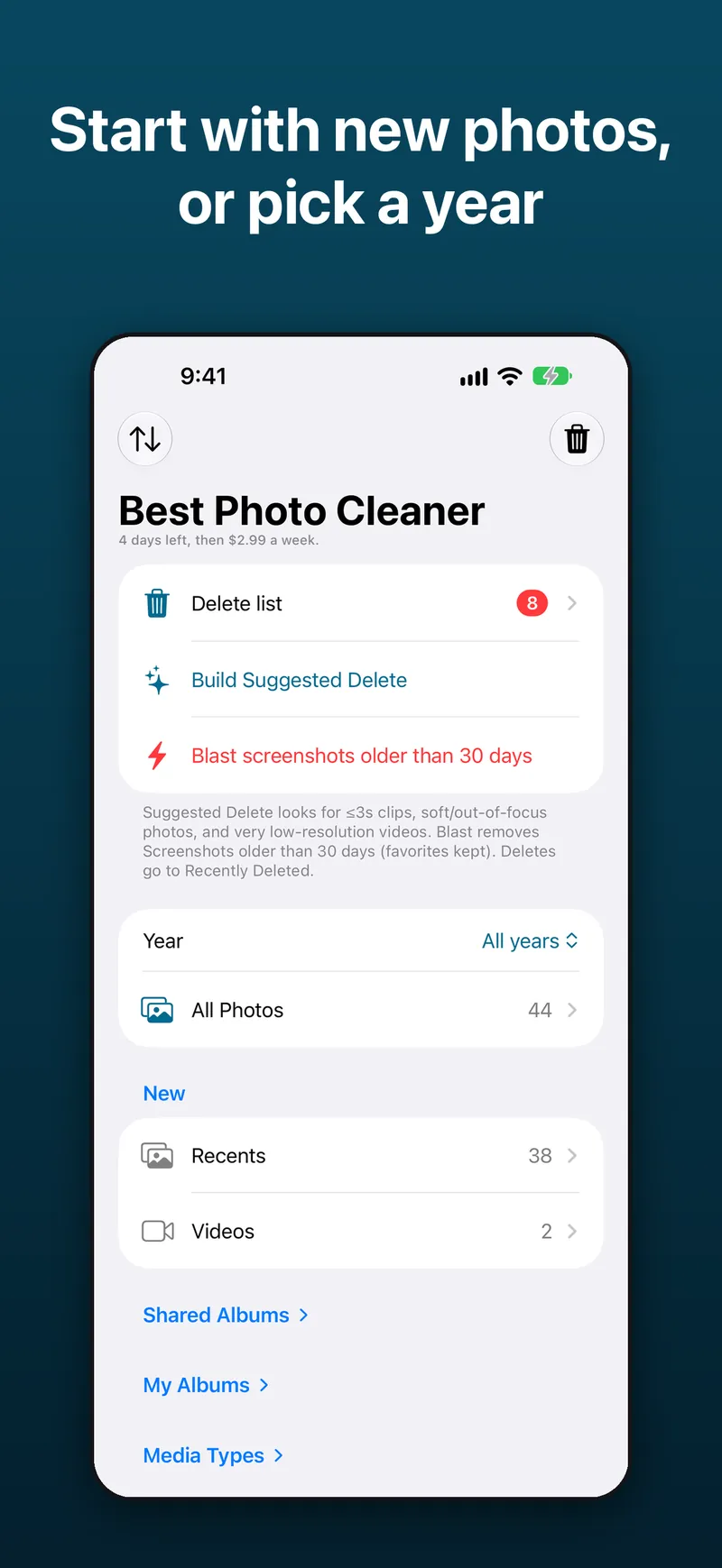 Screenshot: choose Recents, Screenshots, shared albums or a year